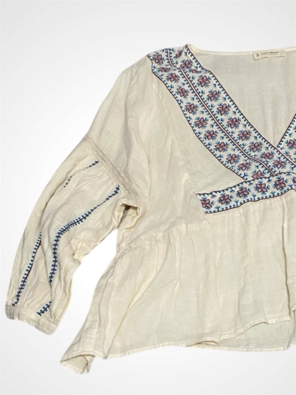 NWT - Boho Embroidered V-Neck Peasant Top - Cream with Blue Accents